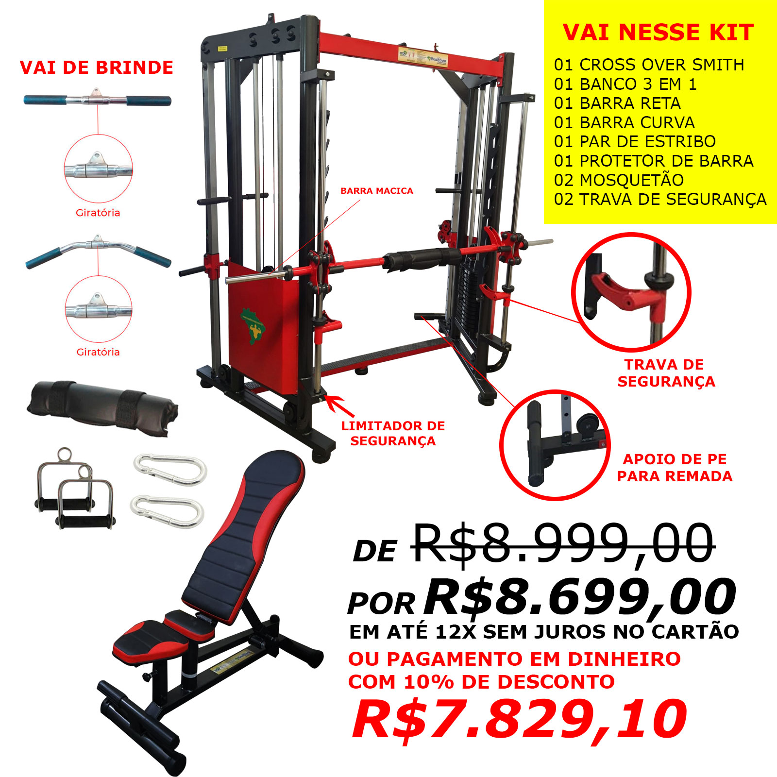 Adaptador Barra Remada Cavalinho Musculação Crossfit